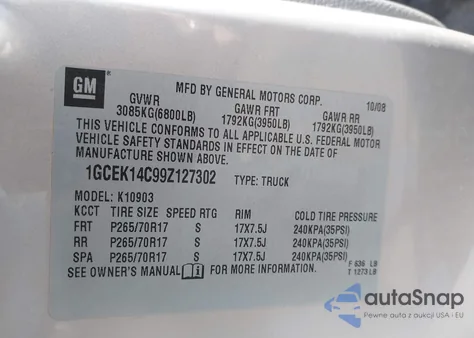 2009 Chevrolet Silverado 1500 Work Truck z USA, uszkodzony, nr VIN 1GCEK14C99Z127302